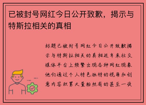 已被封号网红今日公开致歉，揭示与特斯拉相关的真相